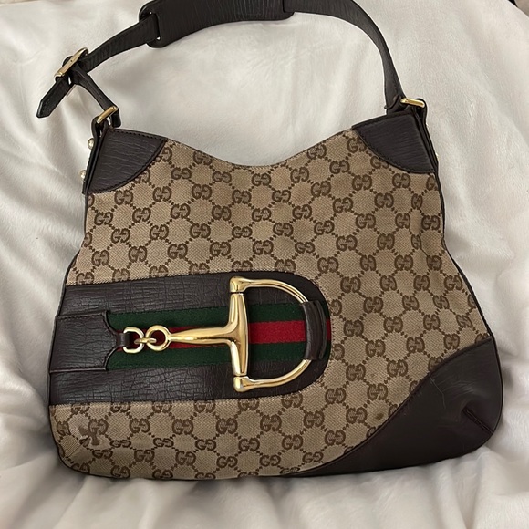 Gucci Handbags - Gucci Brown GG Canvas Shoulder Bag with Red & Green Web and Gold Hardware